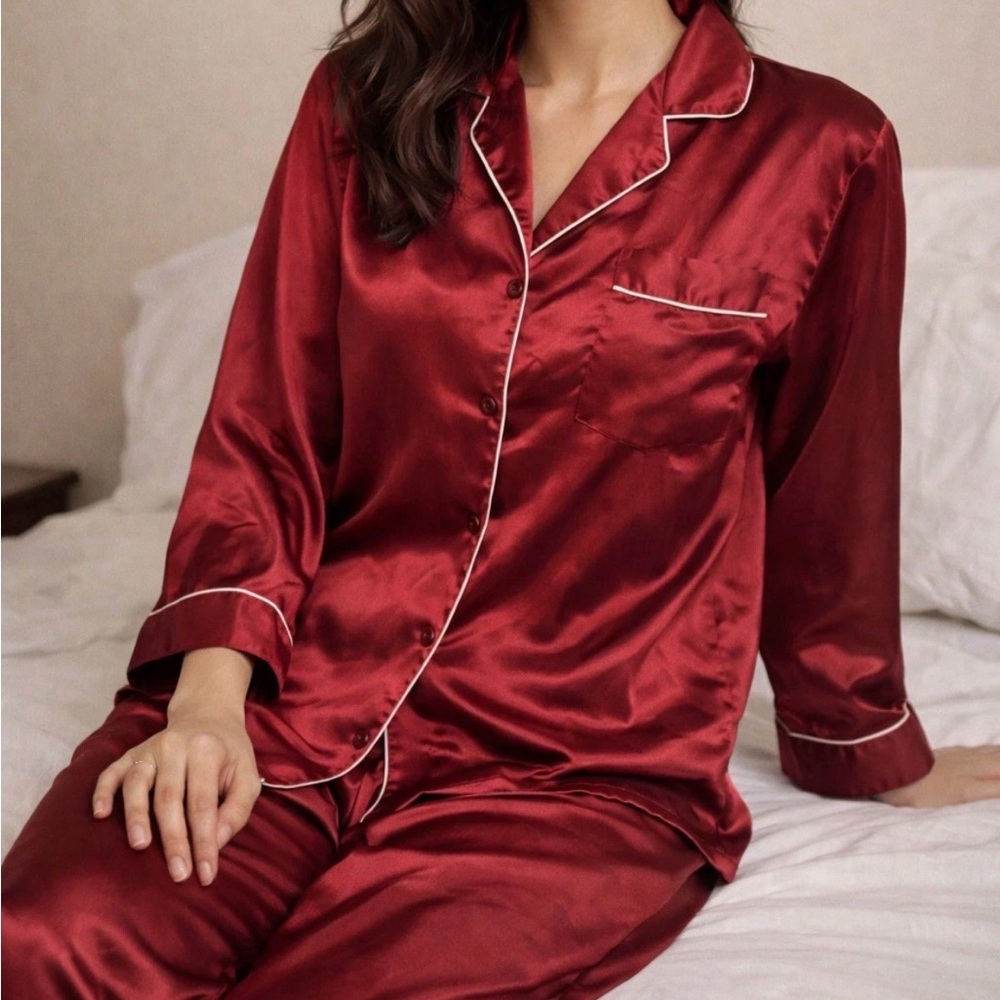 Alexander Del Rossa Burgundy Black Piping Satin Pajama Set Womens Large